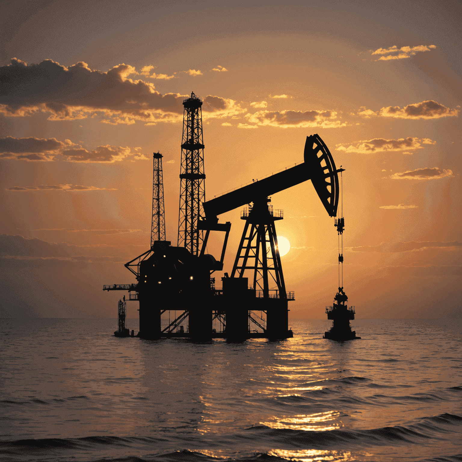 Oil rig at sunset with market graph overlay, symbolizing the current state of the oil and gas market