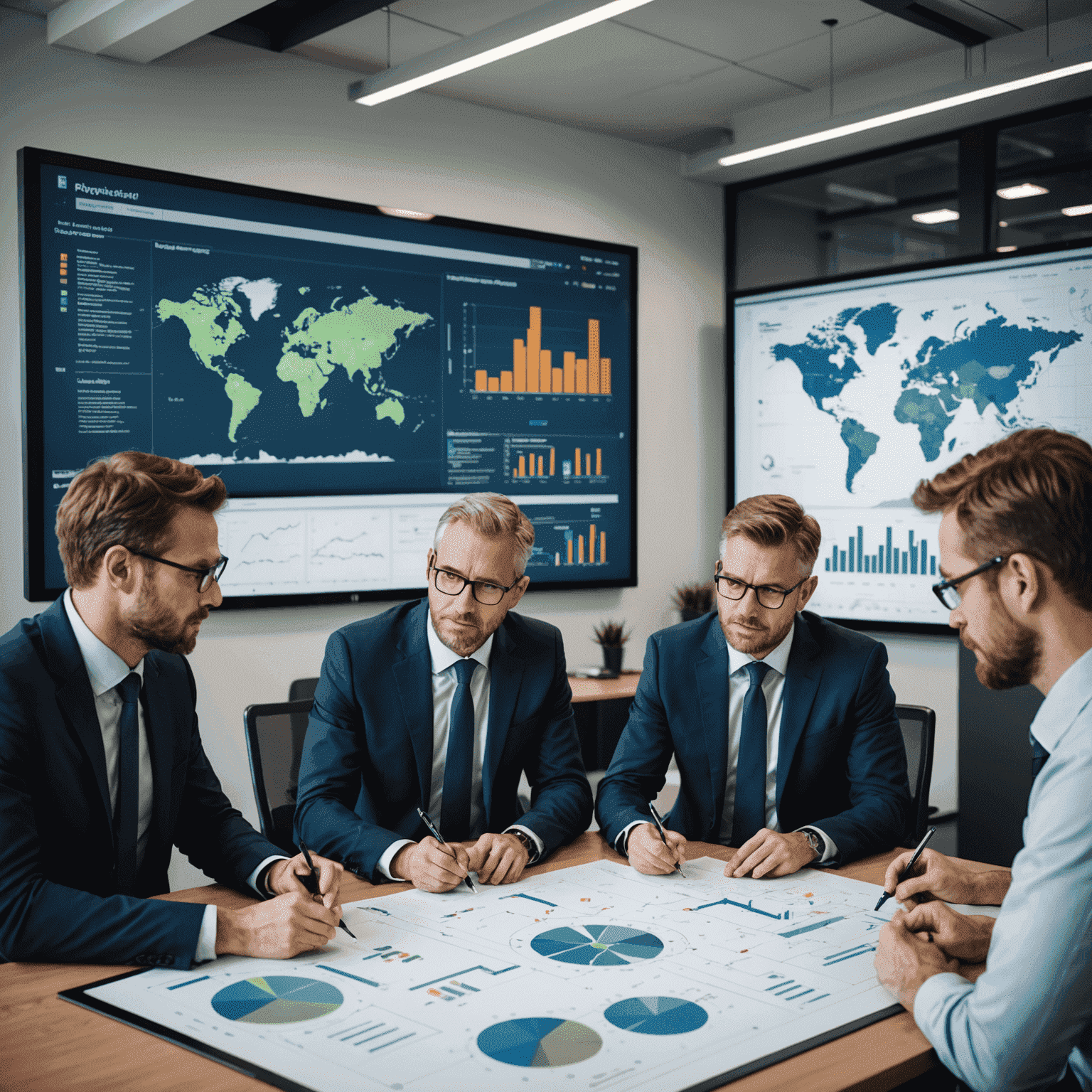 A team of consultants discussing strategy plans with oil rig blueprints and charts on a large screen in a modern office setting