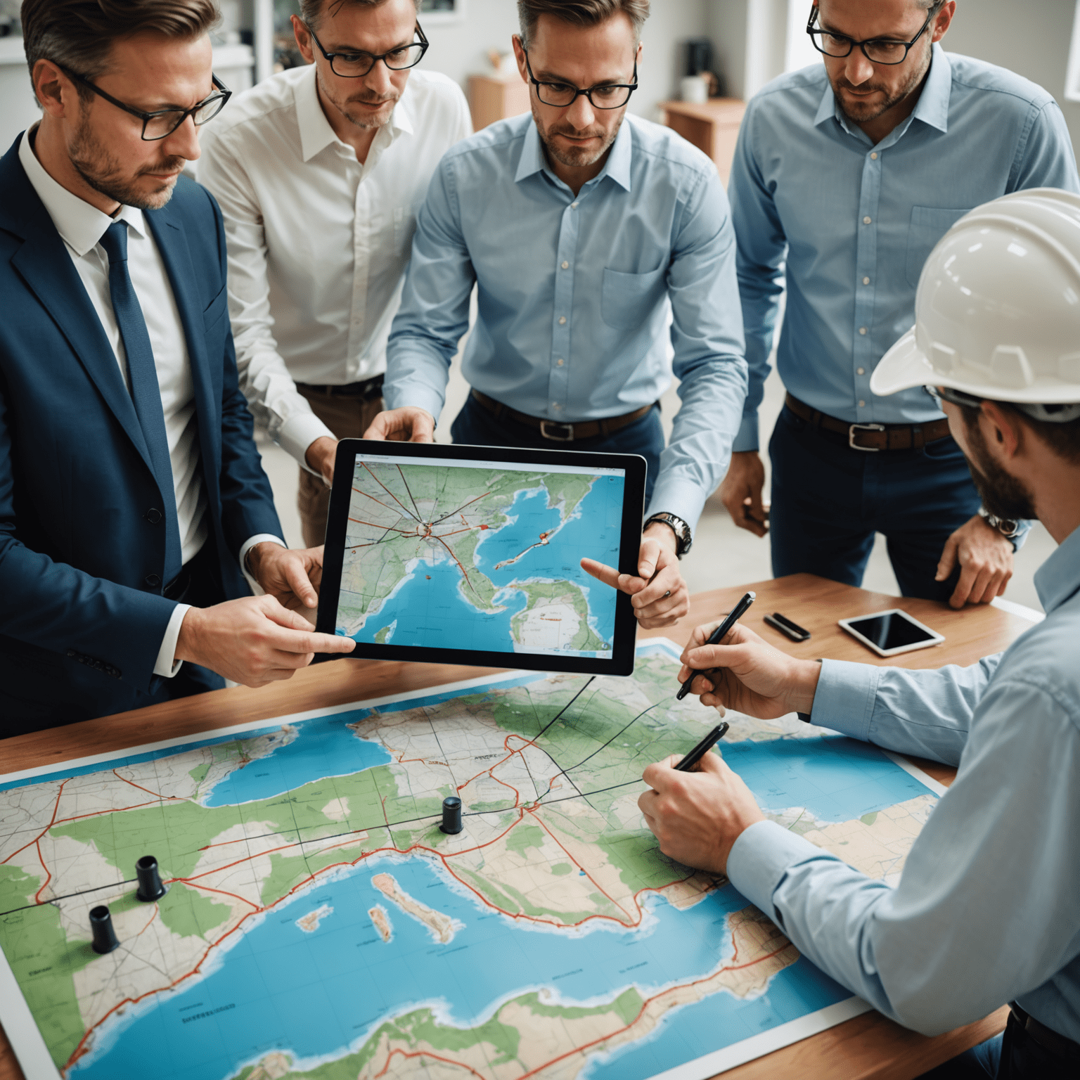 A professional team discussing strategy over a large map of oil fields and gas pipelines. They are pointing at various locations and analyzing data on tablets.