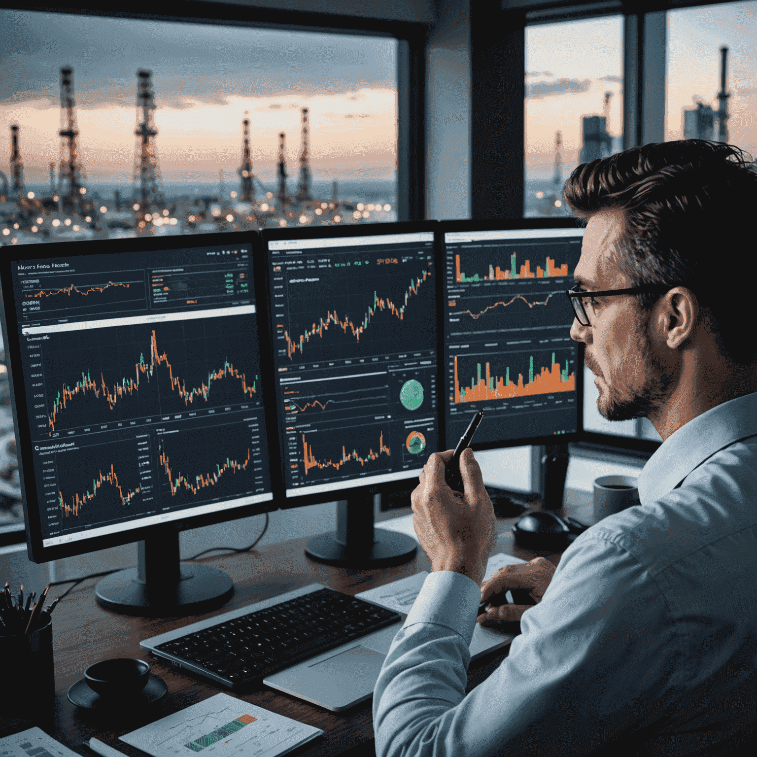 A professional analyst examining oil and gas market trends on multiple screens displaying charts, graphs, and data visualizations