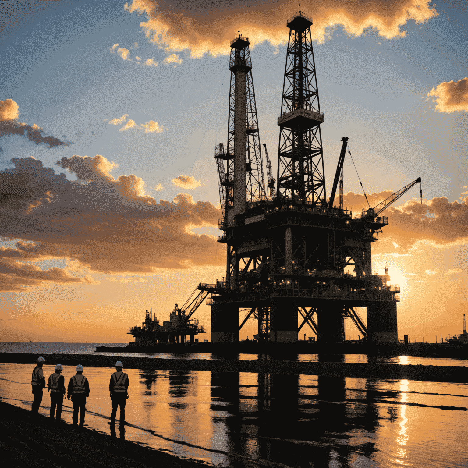 Oil rig at sunset with workers performing risk assessment