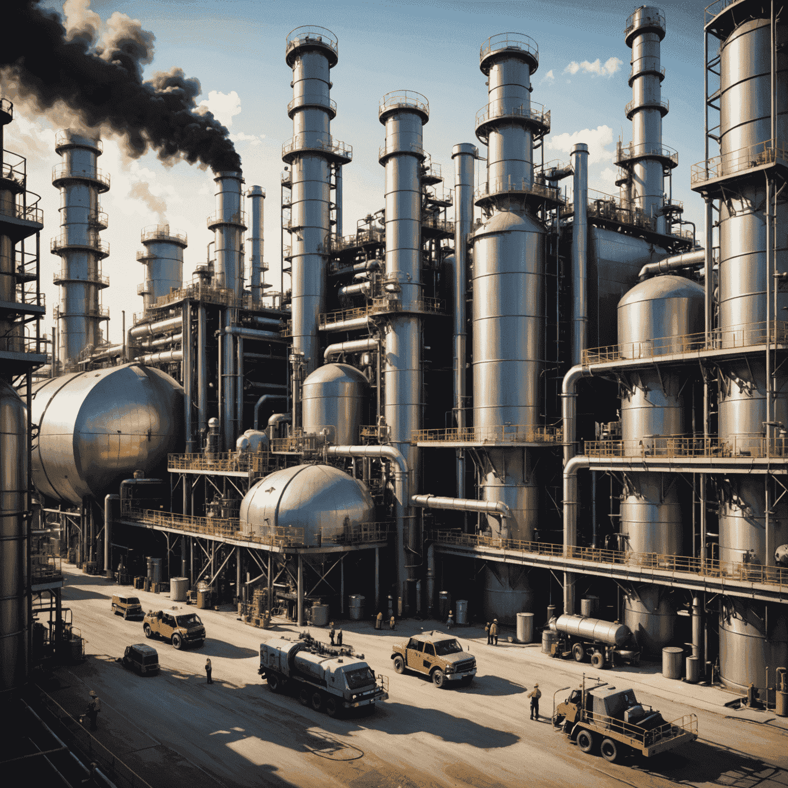 Oil refinery with modern equipment and workers optimizing processes