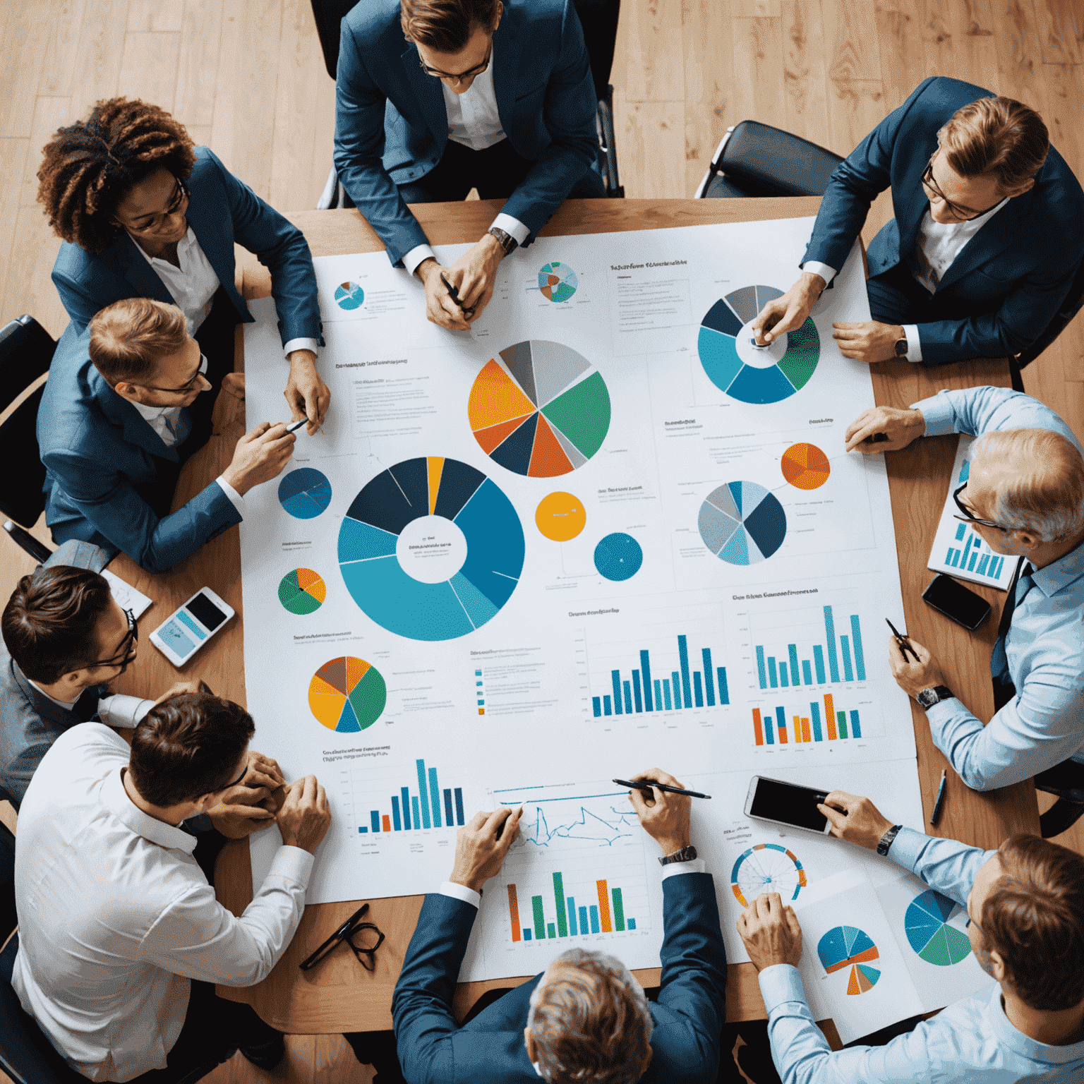 A team of consultants discussing sustainability plans with oil and gas industry executives. The image shows a diverse group of professionals gathered around a table with charts, graphs, and 3D models of sustainable energy solutions.