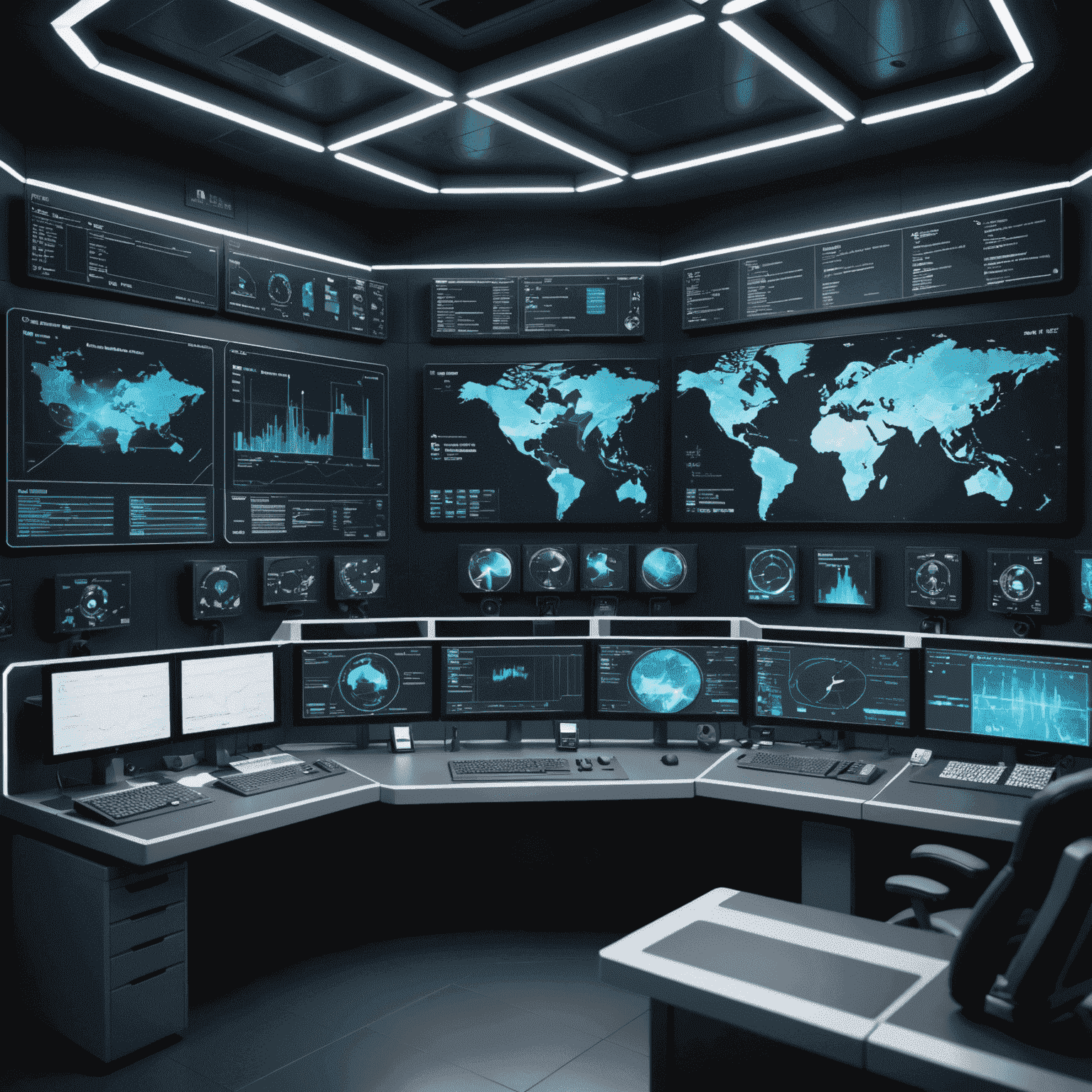 A futuristic control room with holographic displays showing real-time data from oil and gas operations, emphasizing the role of AI in modern industry management