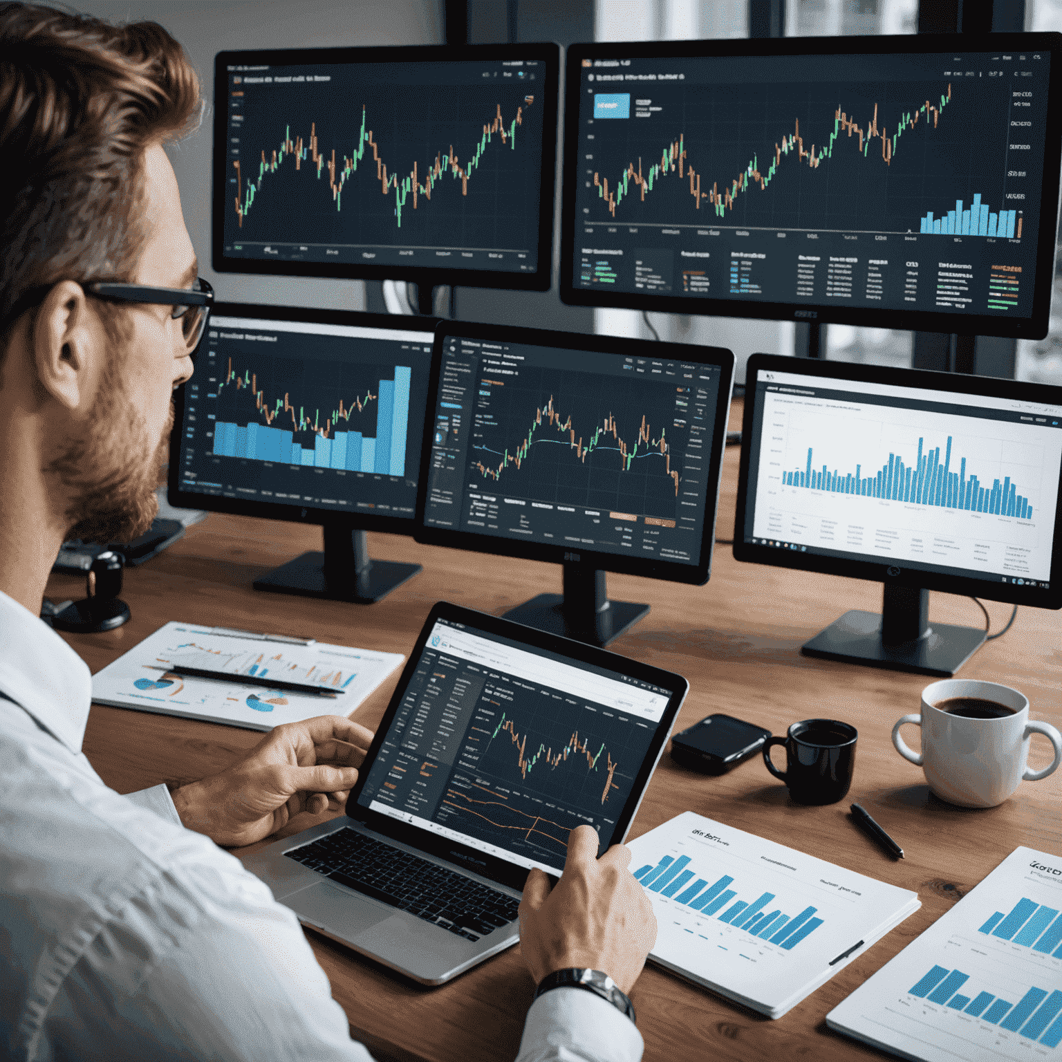 A consultant analyzing oil and gas market trends on multiple screens with graphs and charts