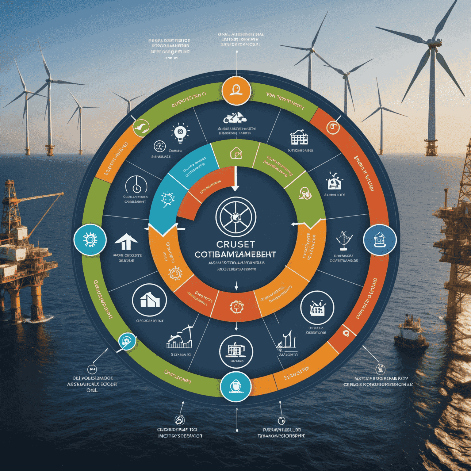 A visual representation of the sustainability planning process, showing a circular diagram with icons for assessment, strategy development, implementation, and monitoring. The image is overlaid on a background of an oil rig transitioning to wind turbines, symbolizing the shift towards sustainable practices in the oil and gas industry.