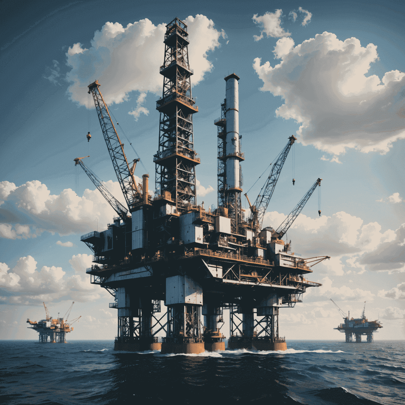 Futuristic oil rig with advanced robotics and AI-driven control systems, showcasing technological advancements in the industry