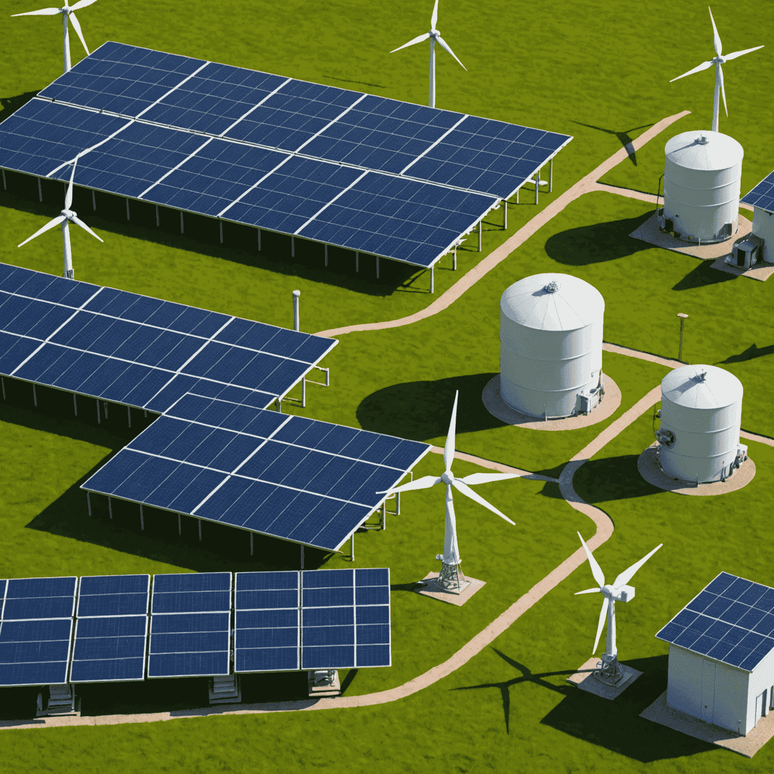 Solar panels and wind turbines alongside traditional oil pumps, illustrating the integration of renewable energy in the oil and gas sector