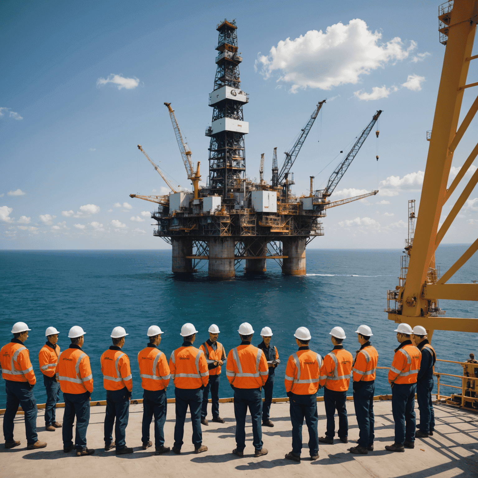 Panoramic view of an offshore oil rig with a team of workers and consultants discussing risk management strategies