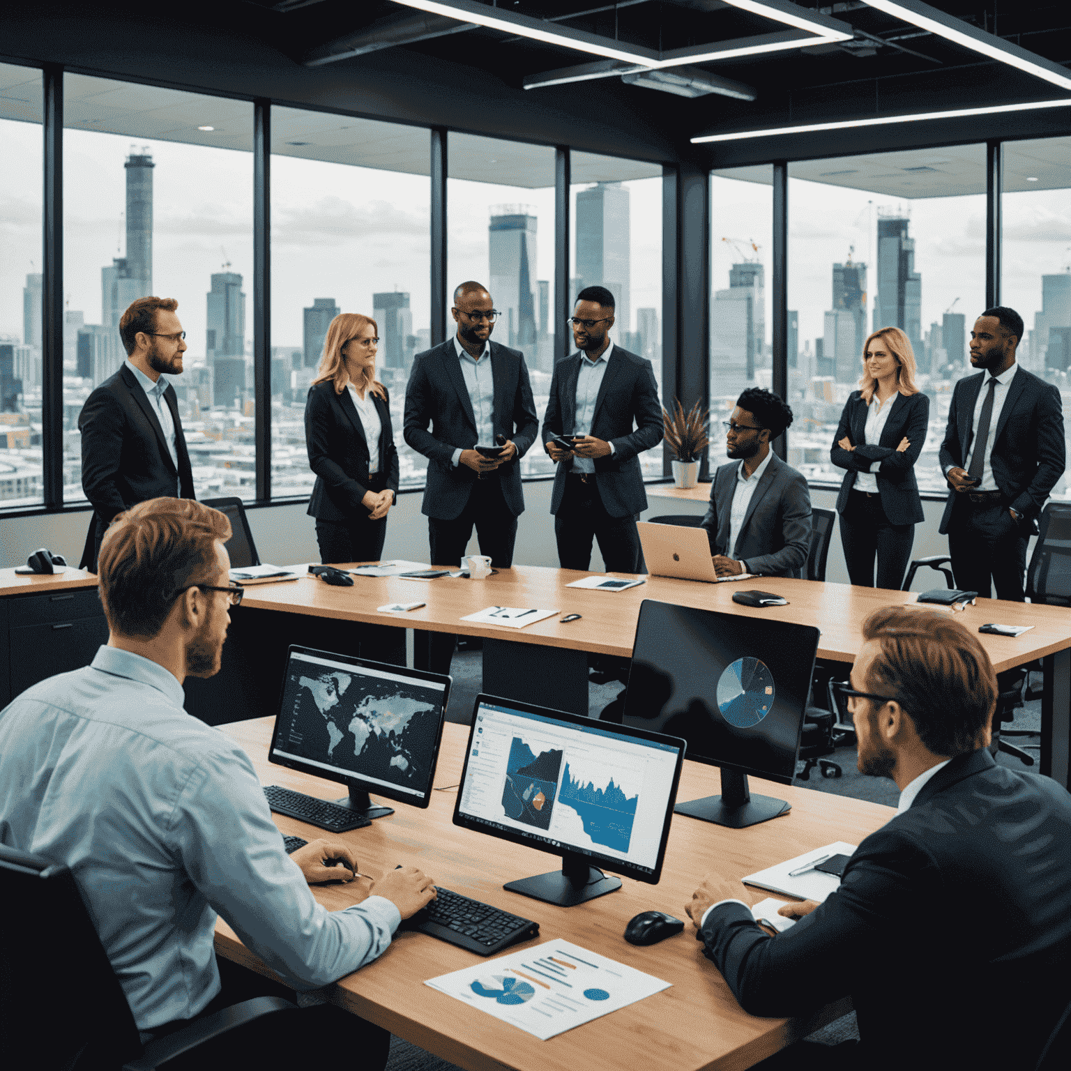 A diverse group of oil and gas professionals collaborating in a modern office setting, using advanced technology and data visualization tools