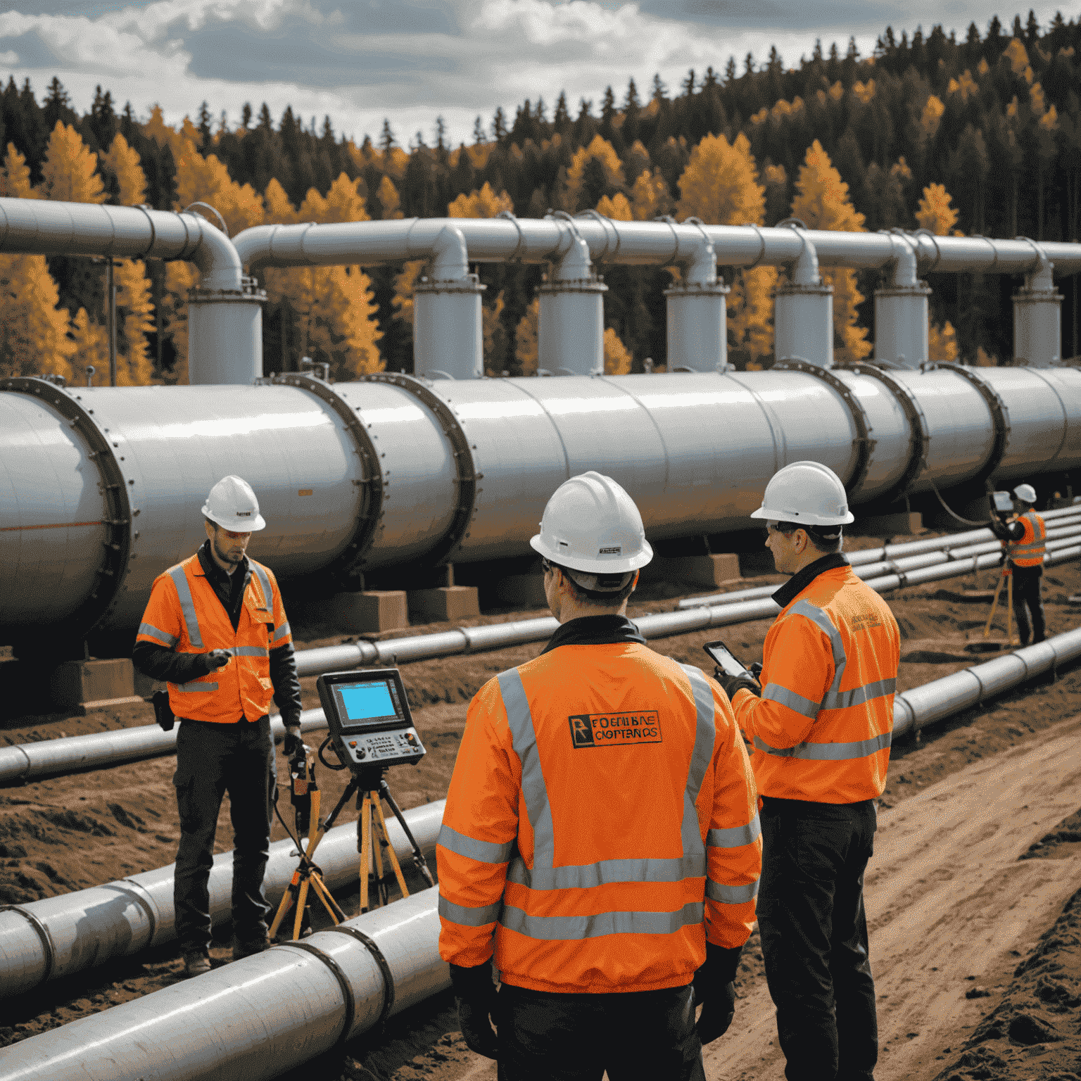 Workers inspecting a pipeline with advanced monitoring equipment, showcasing enhanced safety measures